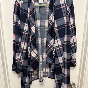 New York Laundry Navy and Pink Plaid Open Front Cardigan Duster 1X